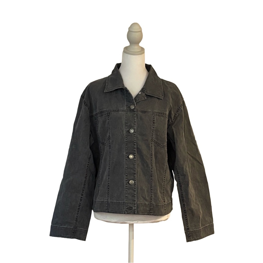 Chico’s Stretch Denim Jacket Floral Jacquard Charcoal Women’s L